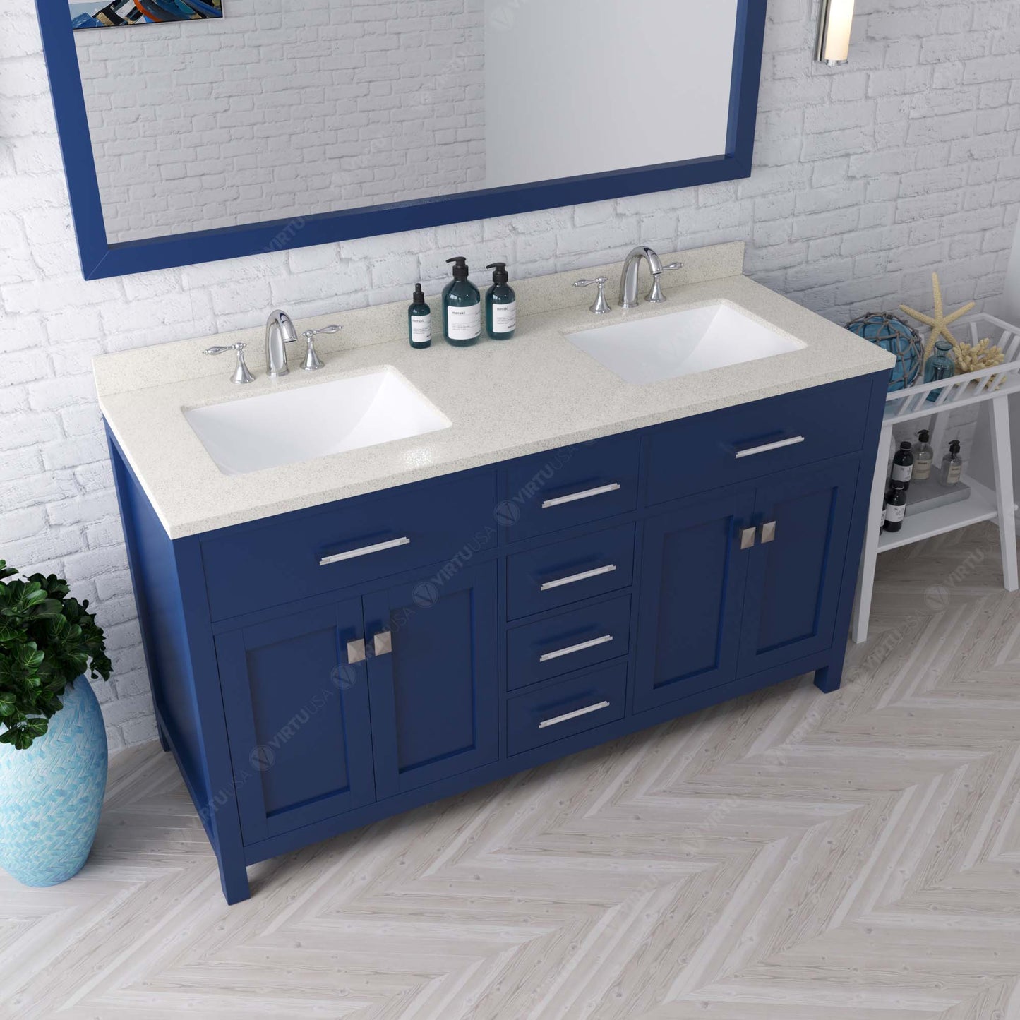 Virtu USA Caroline 60" Double Bath Vanity with Dazzle White Top and Square Sinks with Brushed Nickel Faucets with Matching Mirror - Luxe Bathroom Vanities