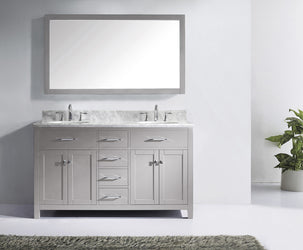 Virtu USA Caroline 60" Double Bath Vanity in Cashmere Grey with Marble Top and Round Sink with Brushed Nickel Faucet and Mirror - Luxe Bathroom Vanities Luxury Bathroom Fixtures Bathroom Furniture