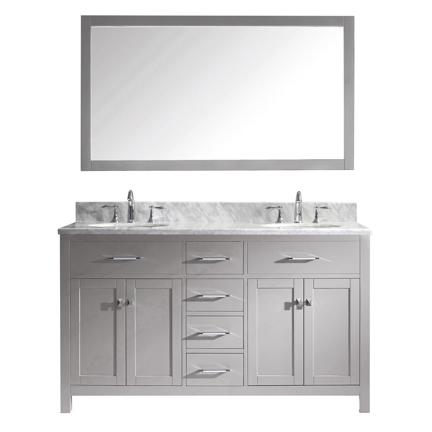 Virtu USA Caroline 60" Double Bath Vanity in Cashmere Grey with Marble Top and Round Sink with Brushed Nickel Faucet and Mirror - Luxe Bathroom Vanities Luxury Bathroom Fixtures Bathroom Furniture