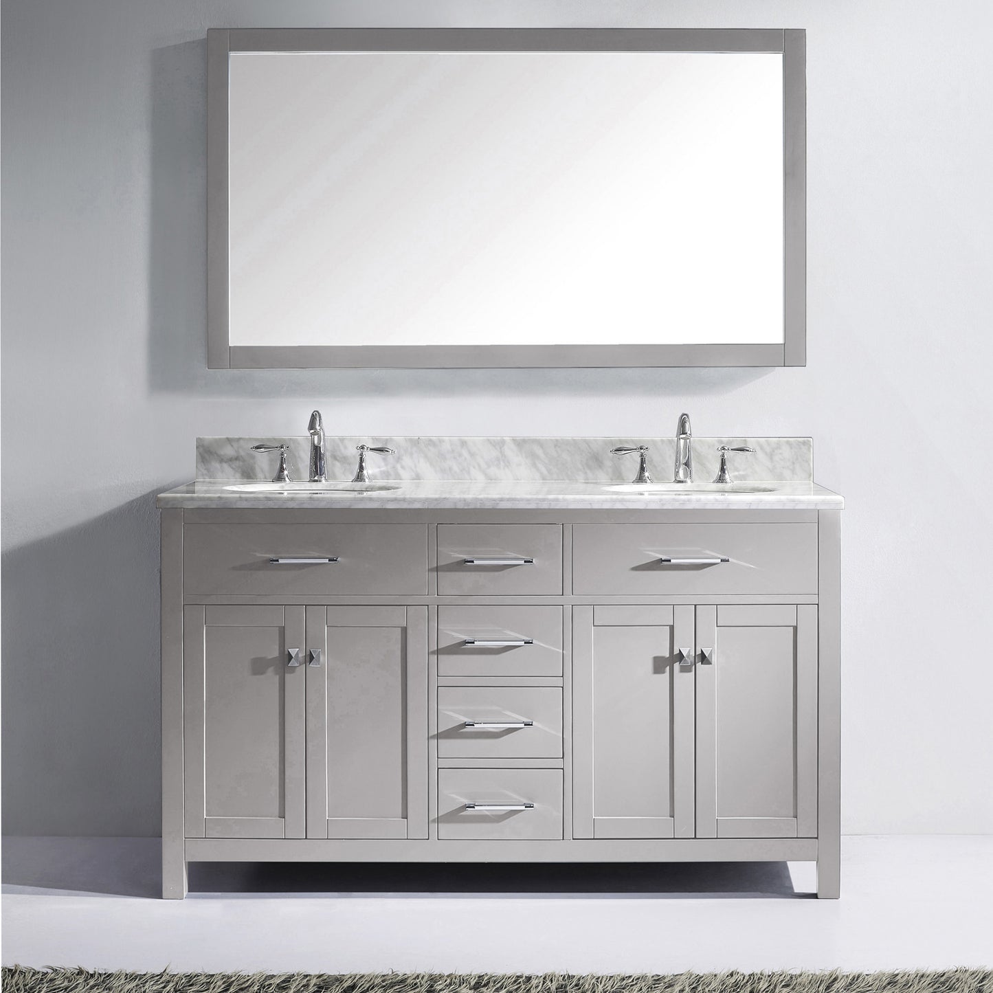 Virtu USA Caroline 60" Double Bath Vanity in Cashmere Grey with Marble Top and Round Sink with Polished Chrome Faucet and Mirror - Luxe Bathroom Vanities Luxury Bathroom Fixtures Bathroom Furniture
