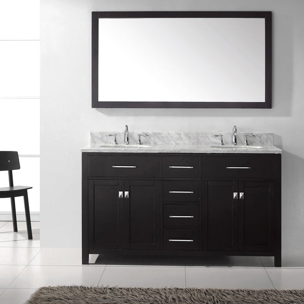 Virtu USA Caroline 60" Double Bath Vanity with Marble Top and Round Sink with Mirror - Luxe Bathroom Vanities