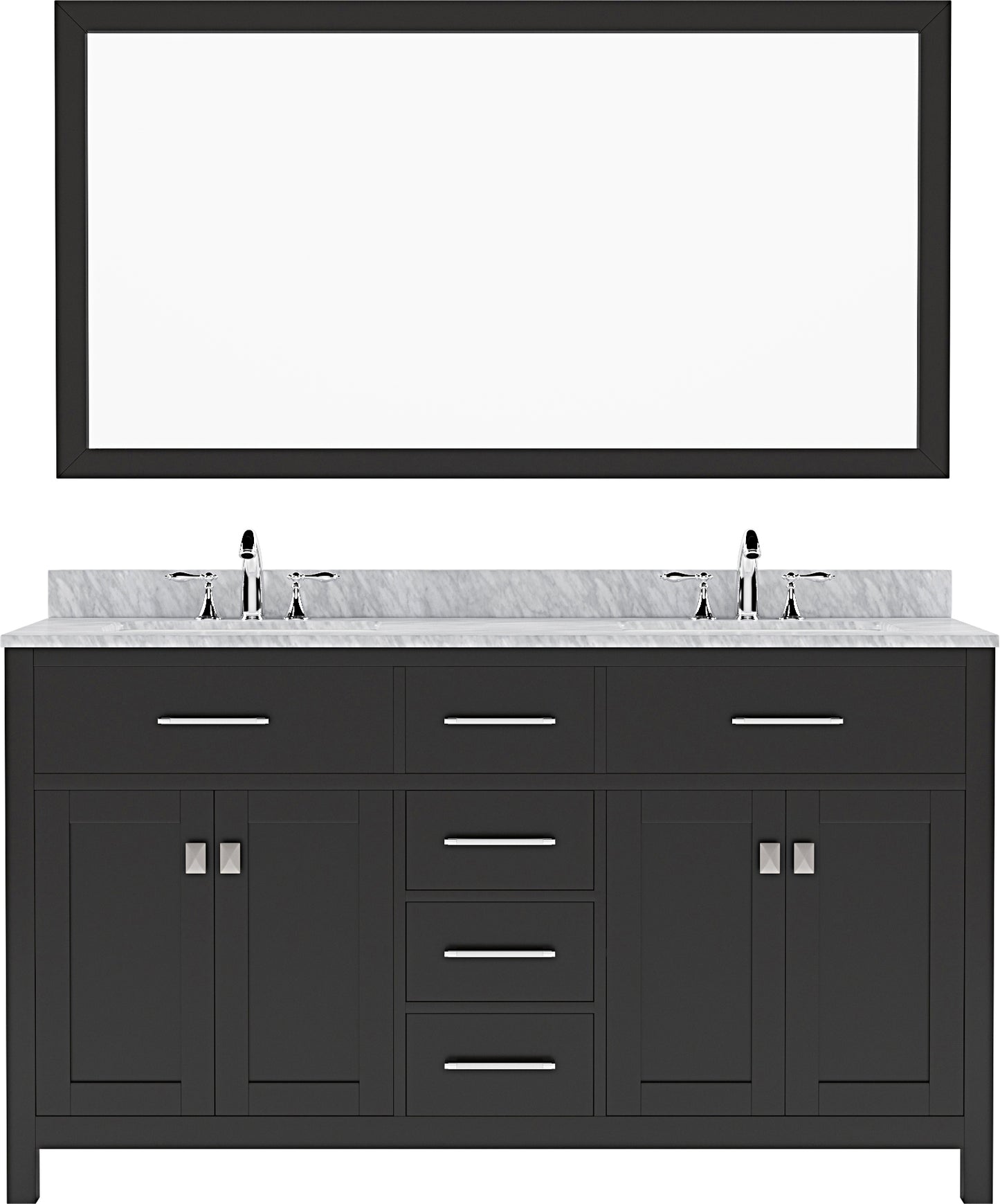Virtu USA Caroline 60" Double Bath Vanity with White Marble Top and Round Sinks with Polished Chrome Faucets with Matching Mirror - Luxe Bathroom Vanities