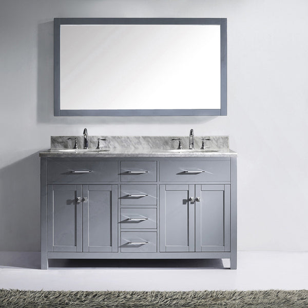 Virtu USA Caroline 60" Double Bath Vanity with Marble Top and Round Sink with Polished Chrome Faucet and Mirror - Luxe Bathroom Vanities