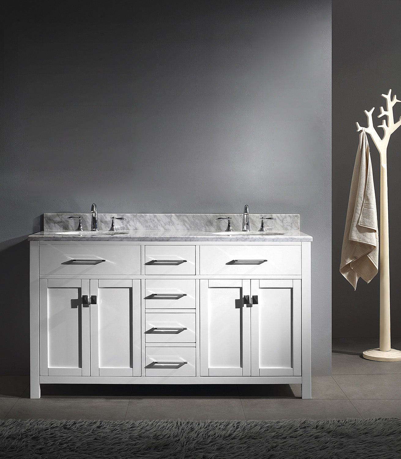 Virtu USA Caroline 60" Double Bath Vanity with Marble Top and Round Sink - Luxe Bathroom Vanities