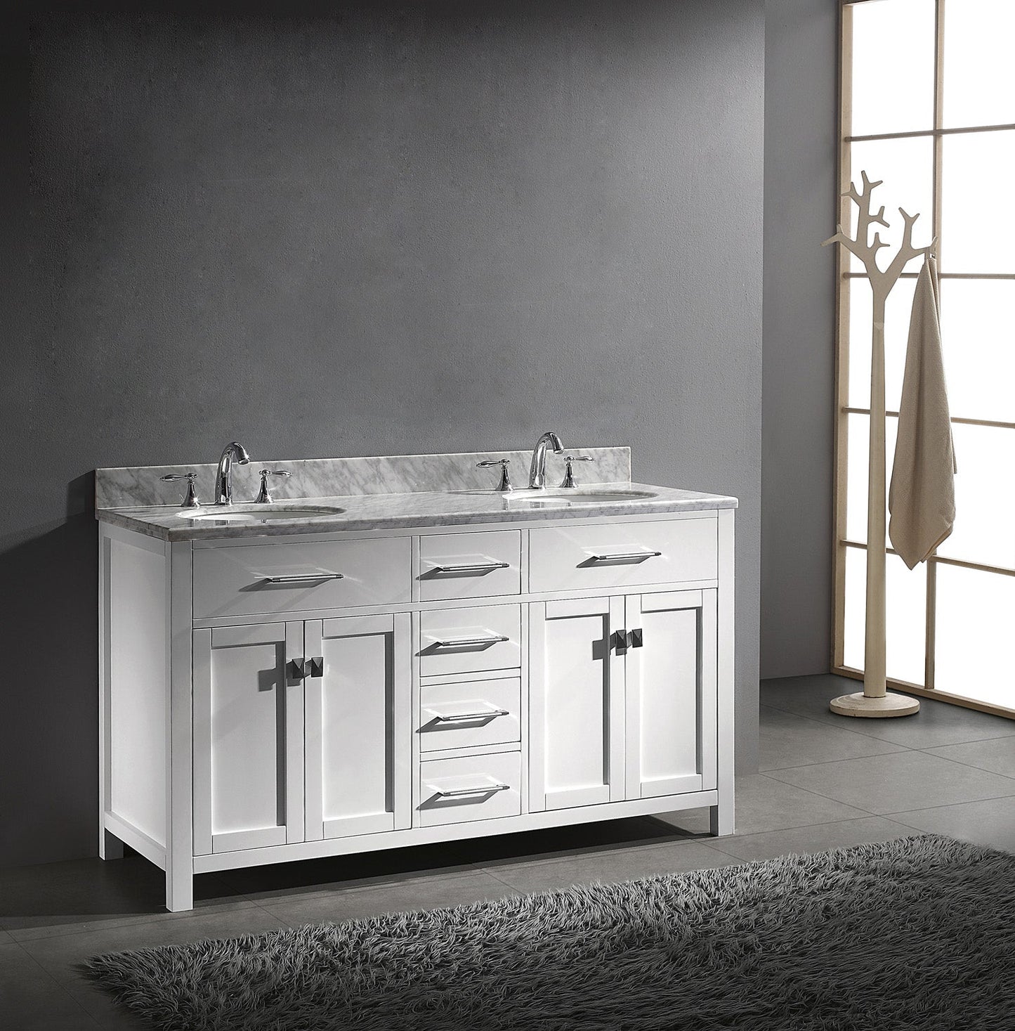 Virtu USA Caroline 60" Double Bath Vanity with Marble Top and Round Sink - Luxe Bathroom Vanities