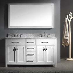 Virtu USA Caroline 60" Double Bath Vanity with White Marble Top and Round Sinks with Brushed Nickel Faucets with Matching Mirror - Luxe Bathroom Vanities