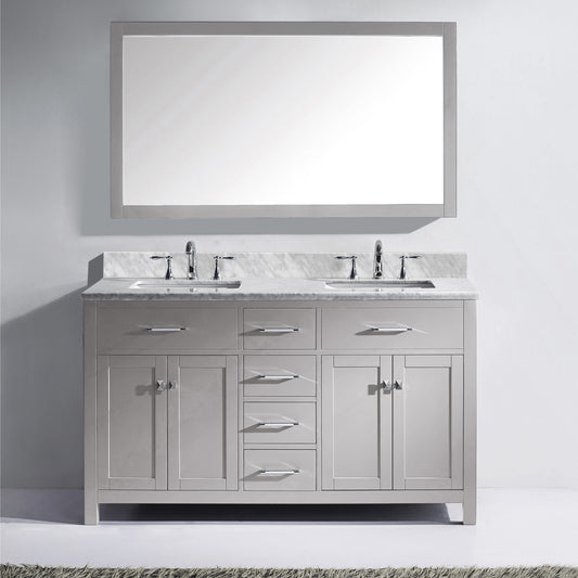Virtu USA Caroline 60" Double Bath Vanity in Cashmere Grey with Marble Top and Square Sink with Brushed Nickel Faucet and Mirror - Luxe Bathroom Vanities Luxury Bathroom Fixtures Bathroom Furniture