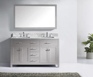 Virtu USA Caroline 60" Double Bath Vanity in Cashmere Grey with Marble Top and Square Sink with Brushed Nickel Faucet and Mirror - Luxe Bathroom Vanities Luxury Bathroom Fixtures Bathroom Furniture