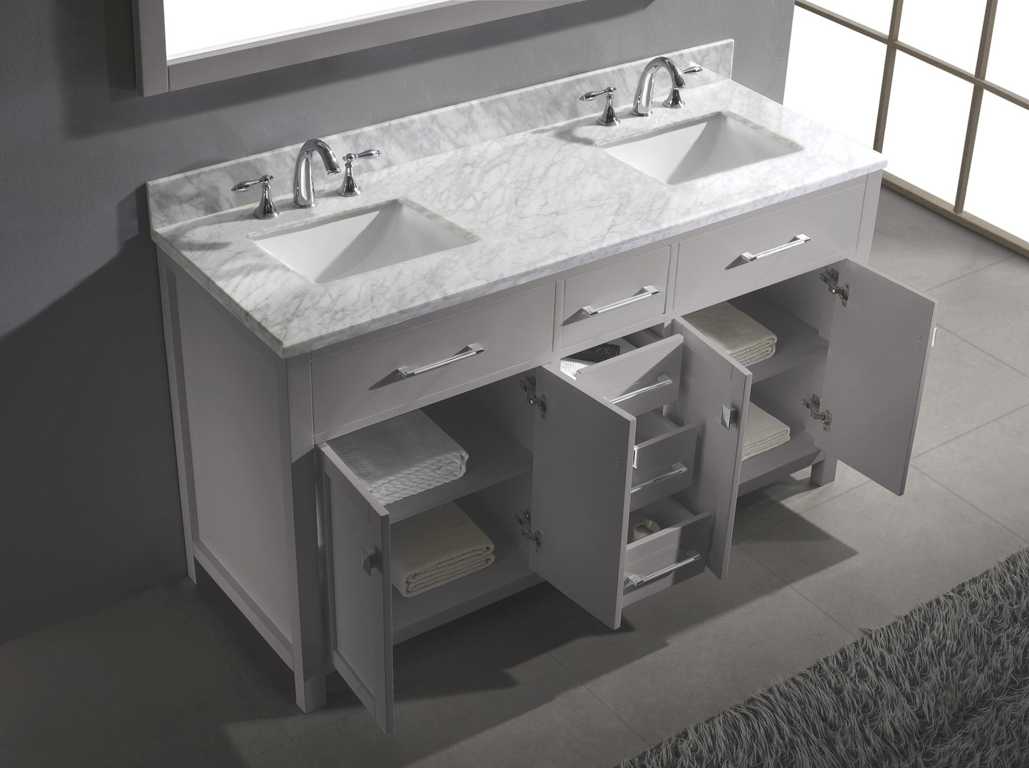 Virtu USA Caroline 60" Double Bath Vanity in Cashmere Grey with Marble Top and Square Sink with Brushed Nickel Faucet and Mirror - Luxe Bathroom Vanities Luxury Bathroom Fixtures Bathroom Furniture