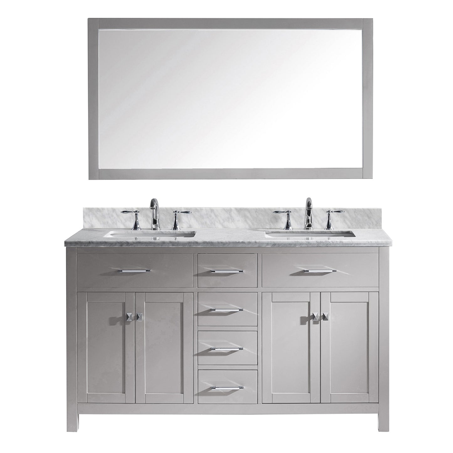 Virtu USA Caroline 60" Double Bath Vanity in Cashmere Grey with Marble Top and Square Sink with Brushed Nickel Faucet and Mirror - Luxe Bathroom Vanities Luxury Bathroom Fixtures Bathroom Furniture