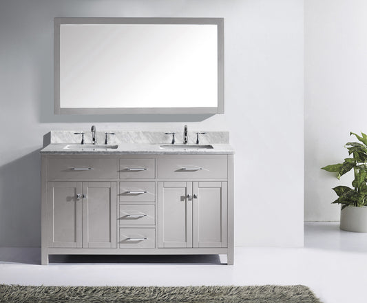 Virtu USA Caroline 60" Double Bath Vanity in Cashmere Grey with Marble Top and Square Sink with Polished Chrome Faucet and Mirror - Luxe Bathroom Vanities Luxury Bathroom Fixtures Bathroom Furniture