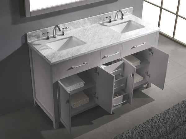 Virtu USA Caroline 60" Double Bath Vanity in Cashmere Grey with Marble Top and Square Sink with Polished Chrome Faucet and Mirror - Luxe Bathroom Vanities Luxury Bathroom Fixtures Bathroom Furniture