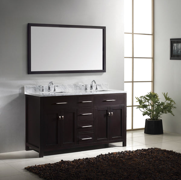 Virtu USA Caroline 60" Double Bath Vanity with Marble Top and Square Sink with Brushed Nickel Faucet and Mirror - Luxe Bathroom Vanities