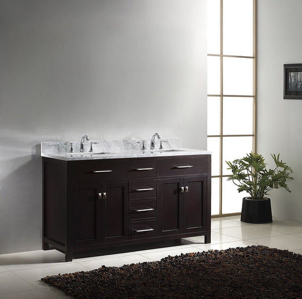 Virtu USA Caroline 60" Double Bath Vanity with Marble Top and Square Sink - Luxe Bathroom Vanities