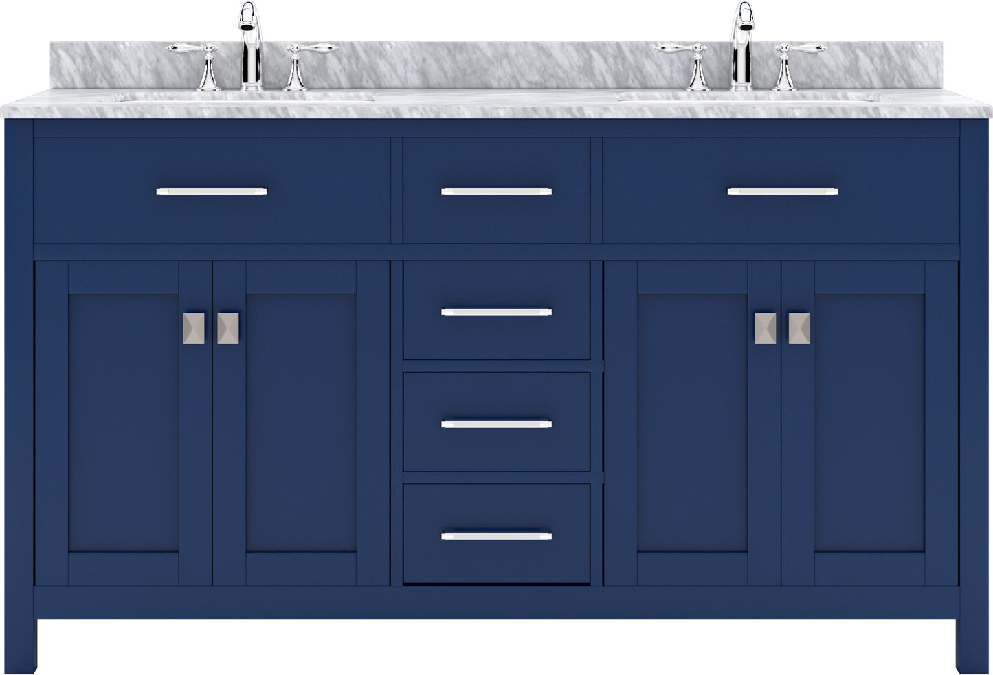 Virtu USA Caroline 60" Double Bath Vanity with White Marble Top and Square Sinks with Polished Chrome Faucets with Matching Mirror - Luxe Bathroom Vanities