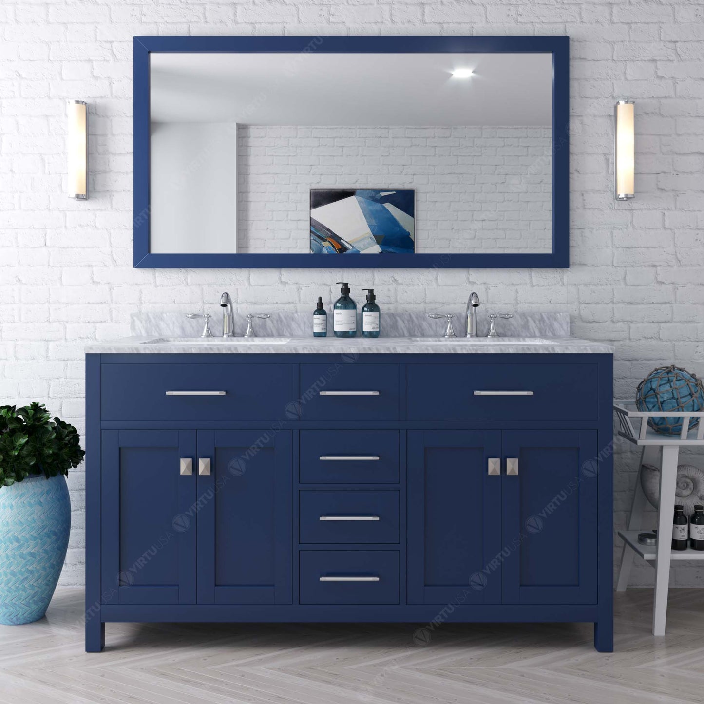 Virtu USA Caroline 60" Double Bath Vanity with White Marble Top and Square Sinks with Polished Chrome Faucets with Matching Mirror - Luxe Bathroom Vanities