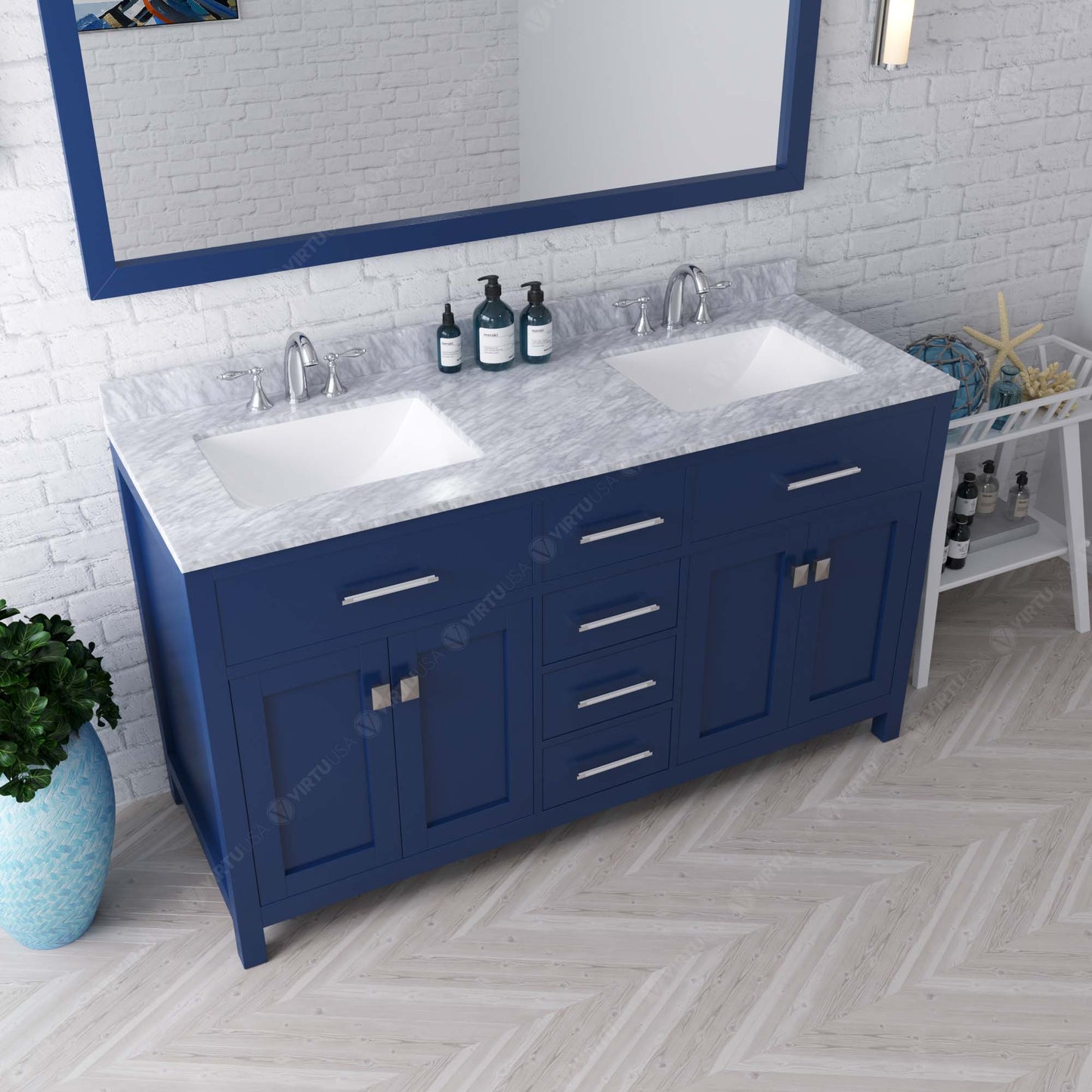 Virtu USA Caroline 60" Double Bath Vanity Marble Top and Square Sinks with Matching Mirror - Luxe Bathroom Vanities