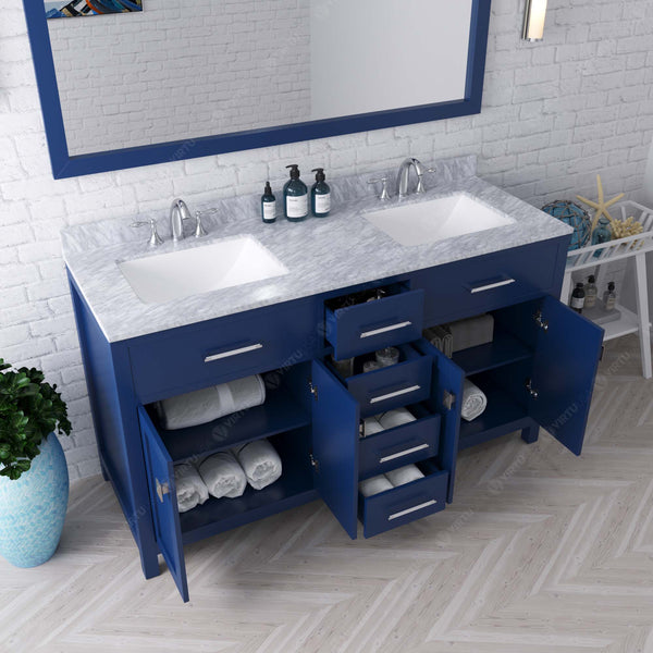 Virtu USA Caroline 60" Double Bath Vanity Marble Top and Square Sinks with Matching Mirror - Luxe Bathroom Vanities