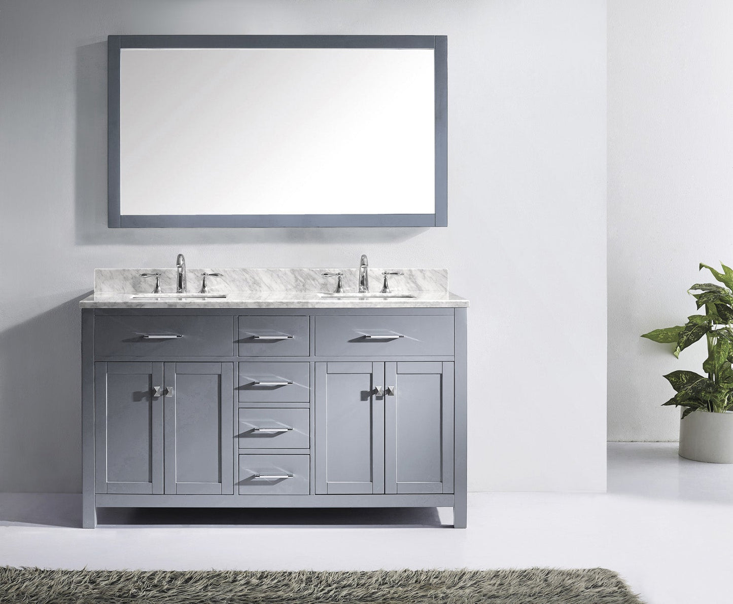 Virtu USA Caroline 60" Double Bath Vanity with Marble Top and Square Sink with Brushed Nickel Faucet and Mirror - Luxe Bathroom Vanities