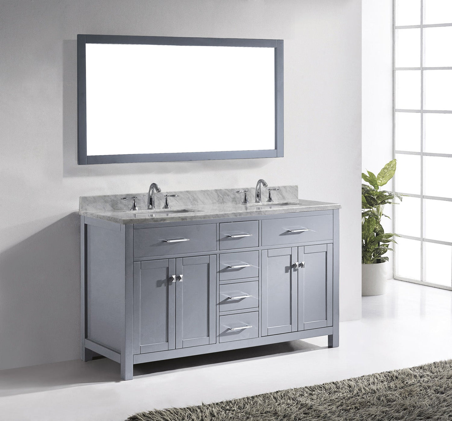 Virtu USA Caroline 60" Double Bath Vanity with Marble Top and Square Sink with Brushed Nickel Faucet and Mirror - Luxe Bathroom Vanities