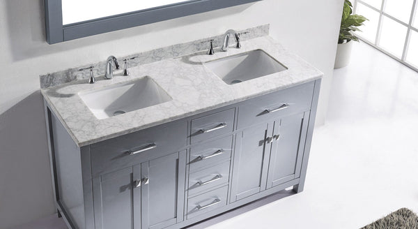 Virtu USA Caroline 60" Double Bath Vanity with Marble Top and Square Sink with Brushed Nickel Faucet and Mirror - Luxe Bathroom Vanities