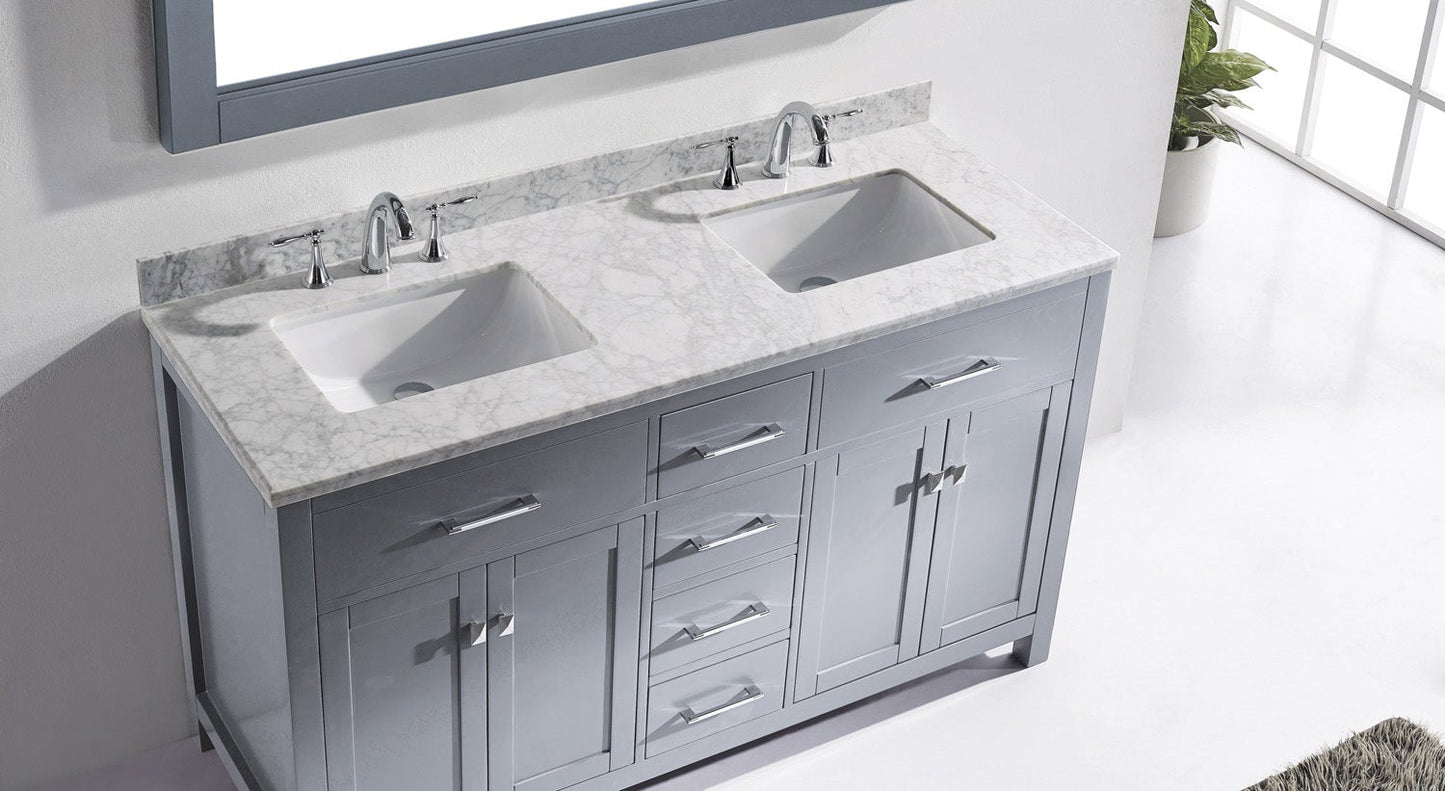 Virtu USA Caroline 60" Double Bath Vanity with Marble Top and Square Sink with Polished Chrome Faucet and Mirror - Luxe Bathroom Vanities