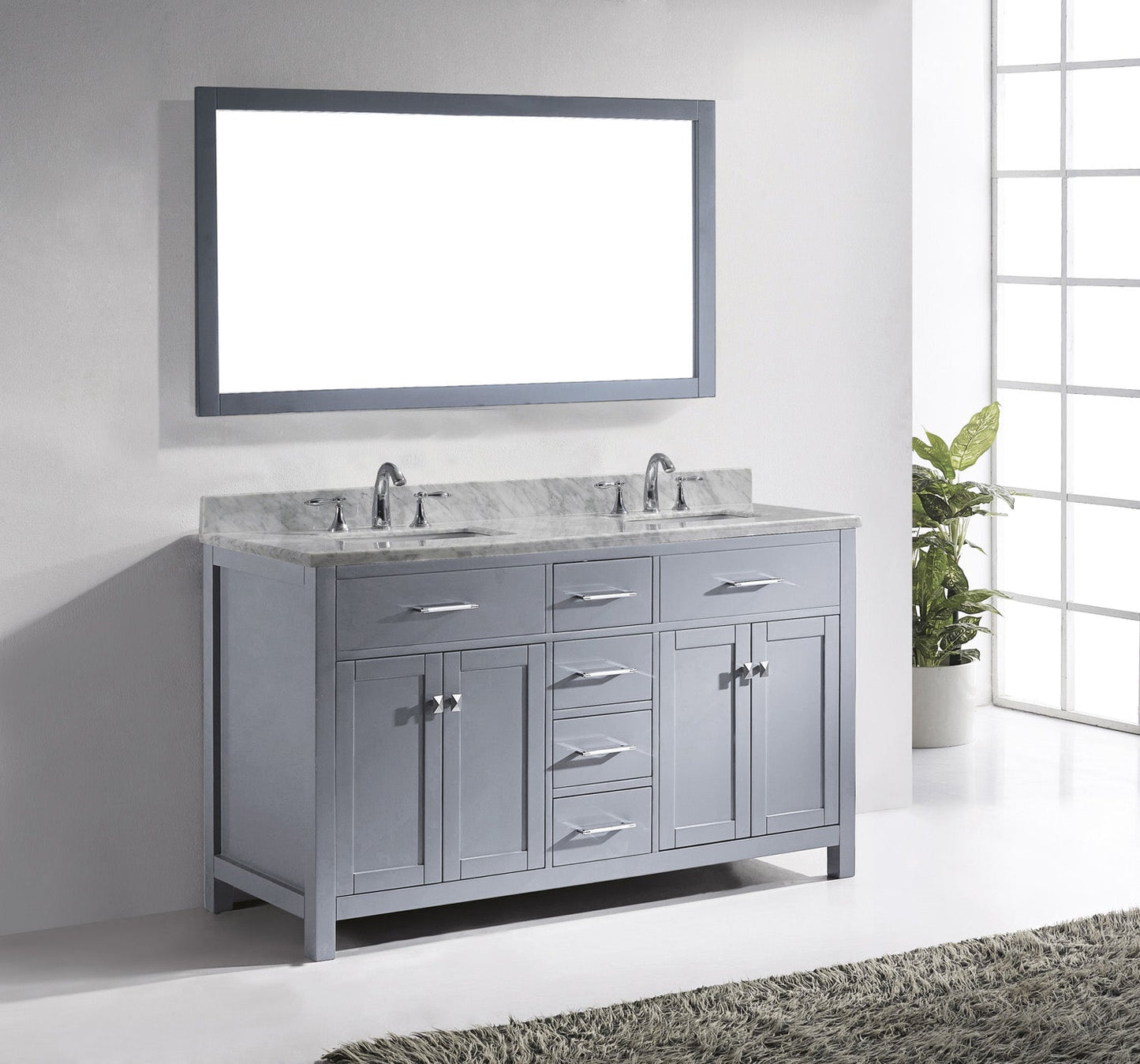 Virtu USA Caroline 60" Double Bath Vanity with Marble Top and Square Sink with Mirror - Luxe Bathroom Vanities