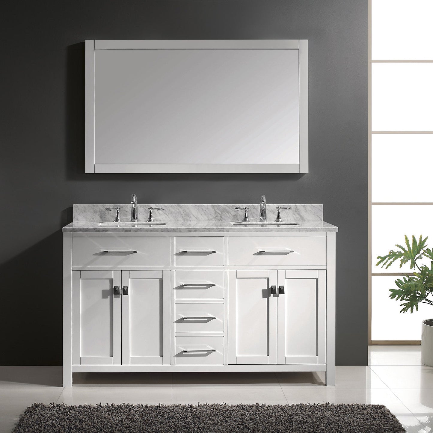 Virtu USA Caroline 60" Double Bath Vanity with Marble Top and Square Sink with Brushed Nickel Faucet and Mirror - Luxe Bathroom Vanities