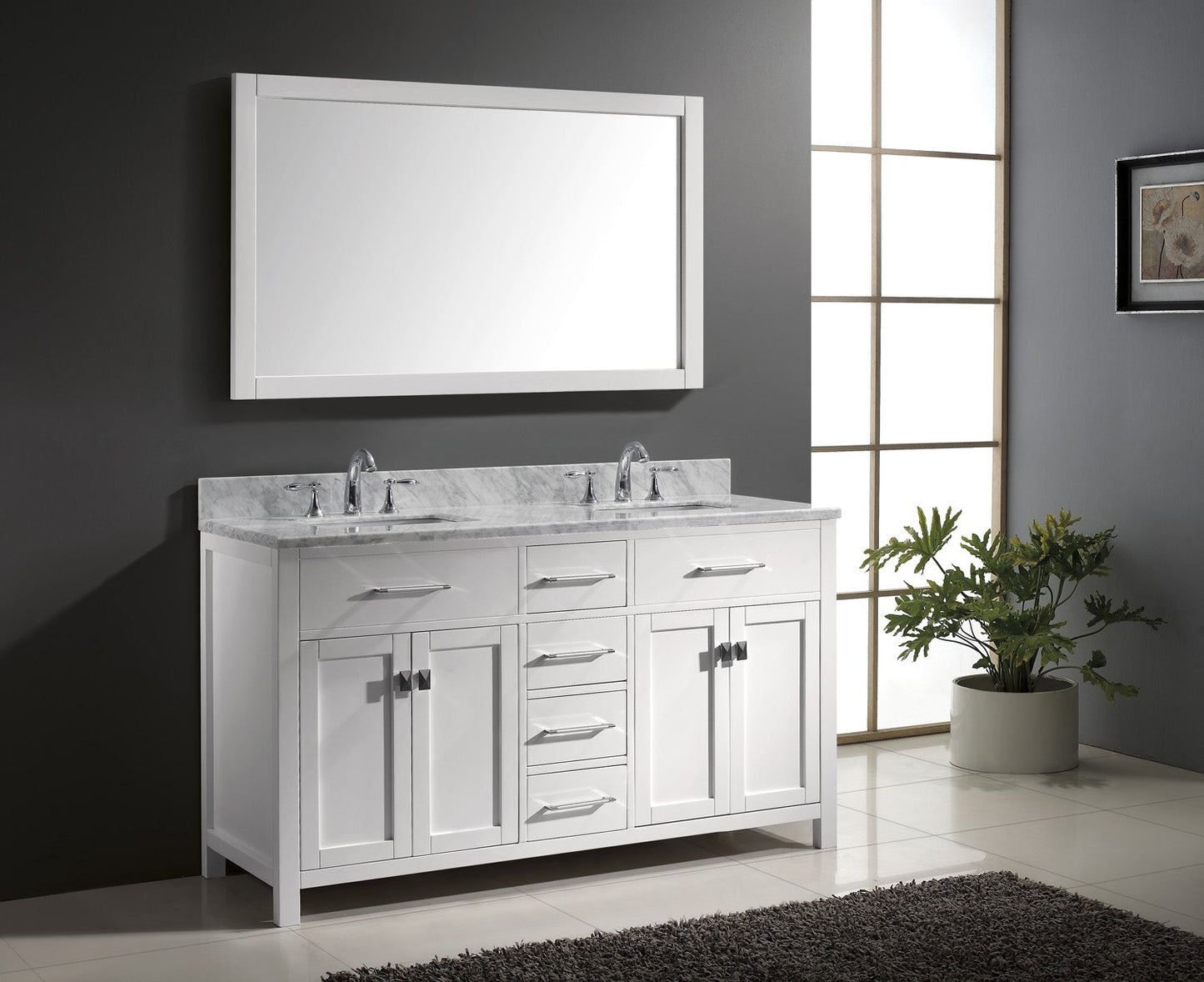 Virtu USA Caroline 60" Double Bath Vanity with Marble Top and Square Sink with Polished Chrome Faucet and Mirror - Luxe Bathroom Vanities