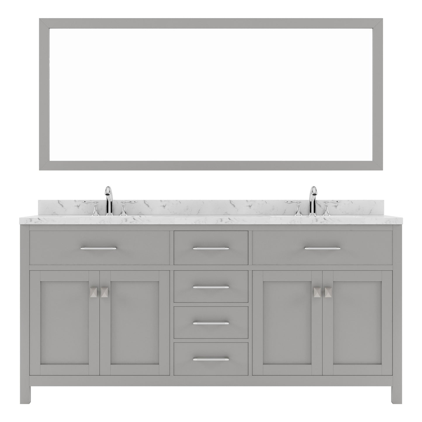 Virtu USA Caroline 72" Double Bath Vanity in Cashmere Gray with White Quartz Top and Round Sinks with Polished Chrome Faucets with Matching Mirror - Luxe Bathroom Vanities
