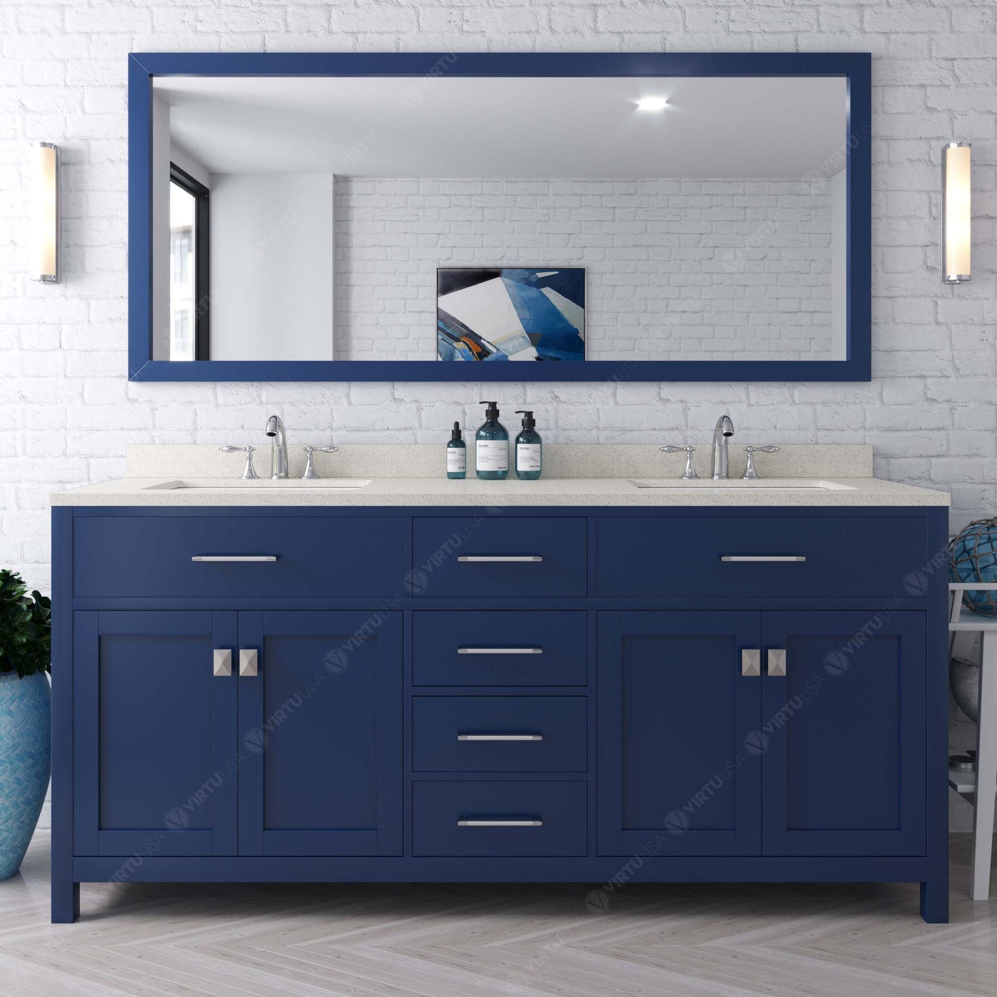 Virtu USA Caroline 72" Double Bath Vanity with White Quartz Top and Round Sinks with Polished Chrome Faucets with Matching Mirror - Luxe Bathroom Vanities