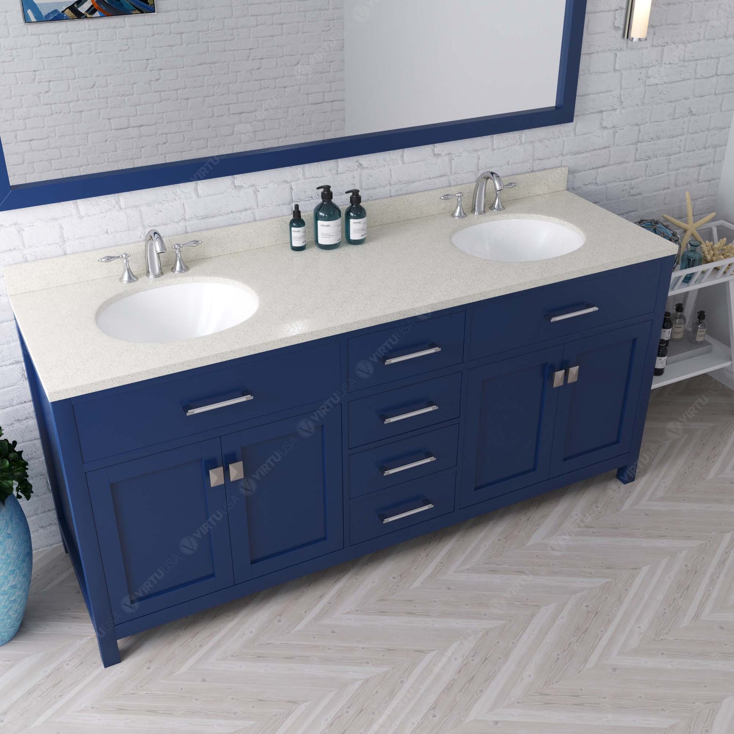 Virtu USA Caroline 72" Double Bath Vanity with White Quartz Top and Round Sinks with Matching Mirror - Luxe Bathroom Vanities