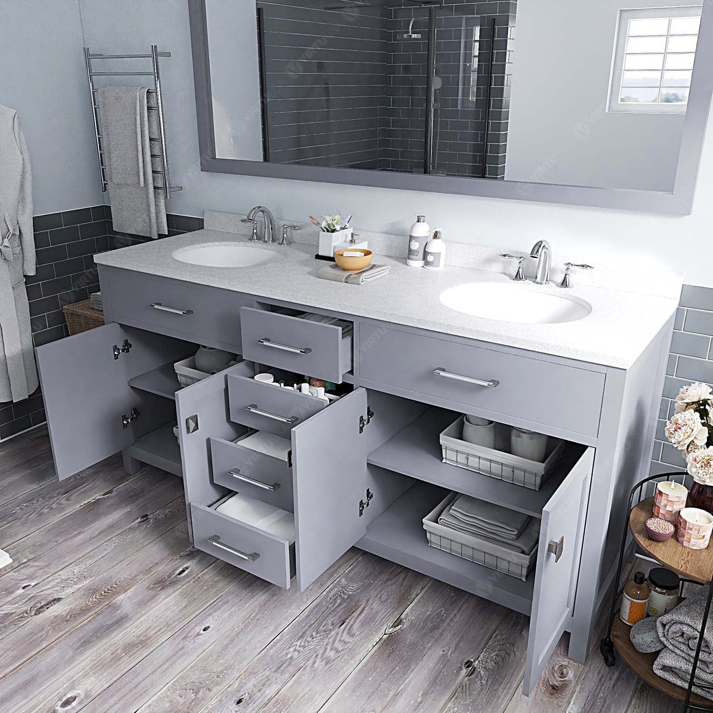 Virtu USA Caroline 72" Double Bath Vanity with Dazzle White Top and Round Sink with Mirror - Luxe Bathroom Vanities