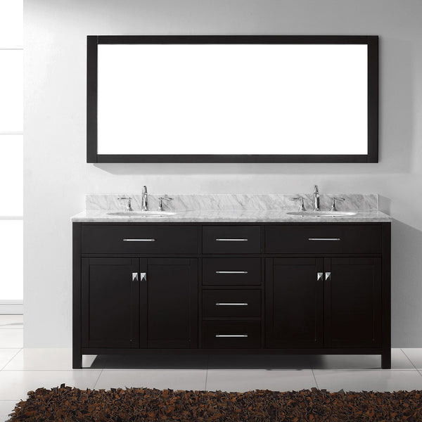 Virtu USA Caroline 72" Double Bath Vanity with Marble Top and Round Sink with Brushed Nickel Faucet and Mirror - Luxe Bathroom Vanities