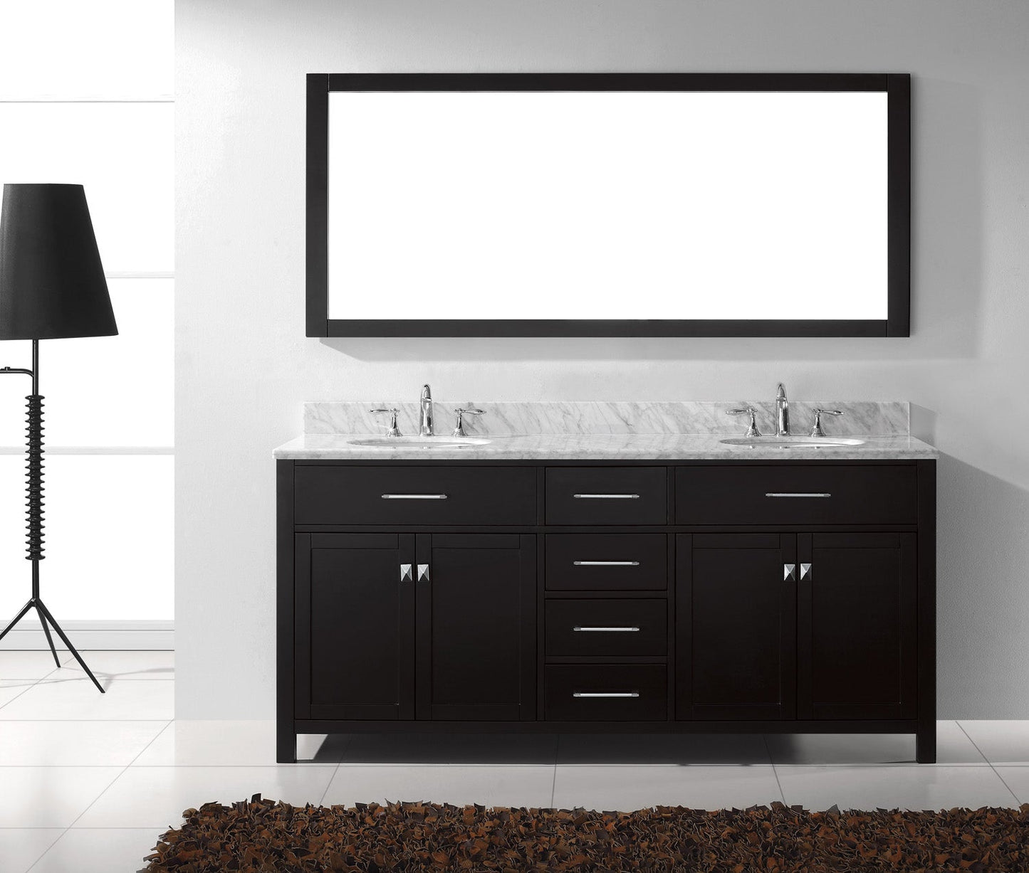 Virtu USA Caroline 72" Double Bath Vanity with Marble Top and Round Sink with Brushed Nickel Faucet and Mirror - Luxe Bathroom Vanities