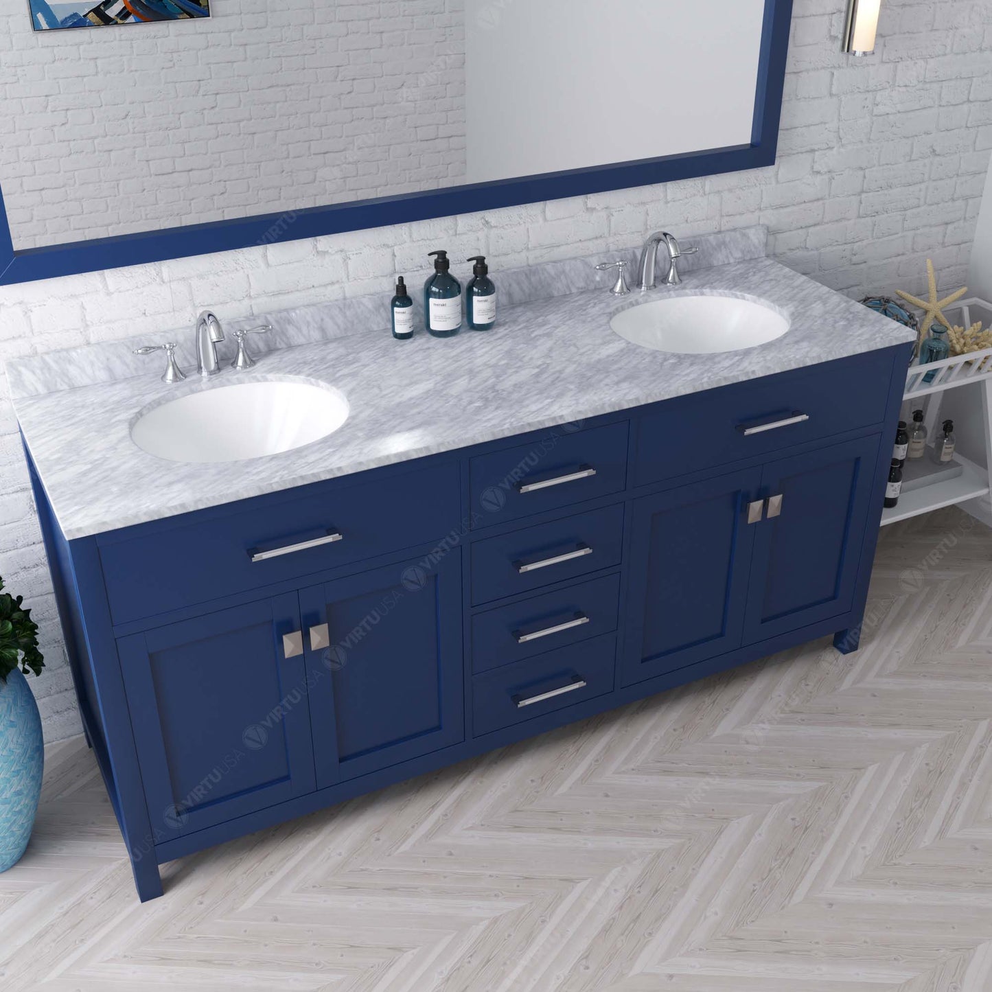 Virtu USA Caroline 72" Double Bath Vanity with White Marble Top and Round Sinks with Matching Mirror - Luxe Bathroom Vanities