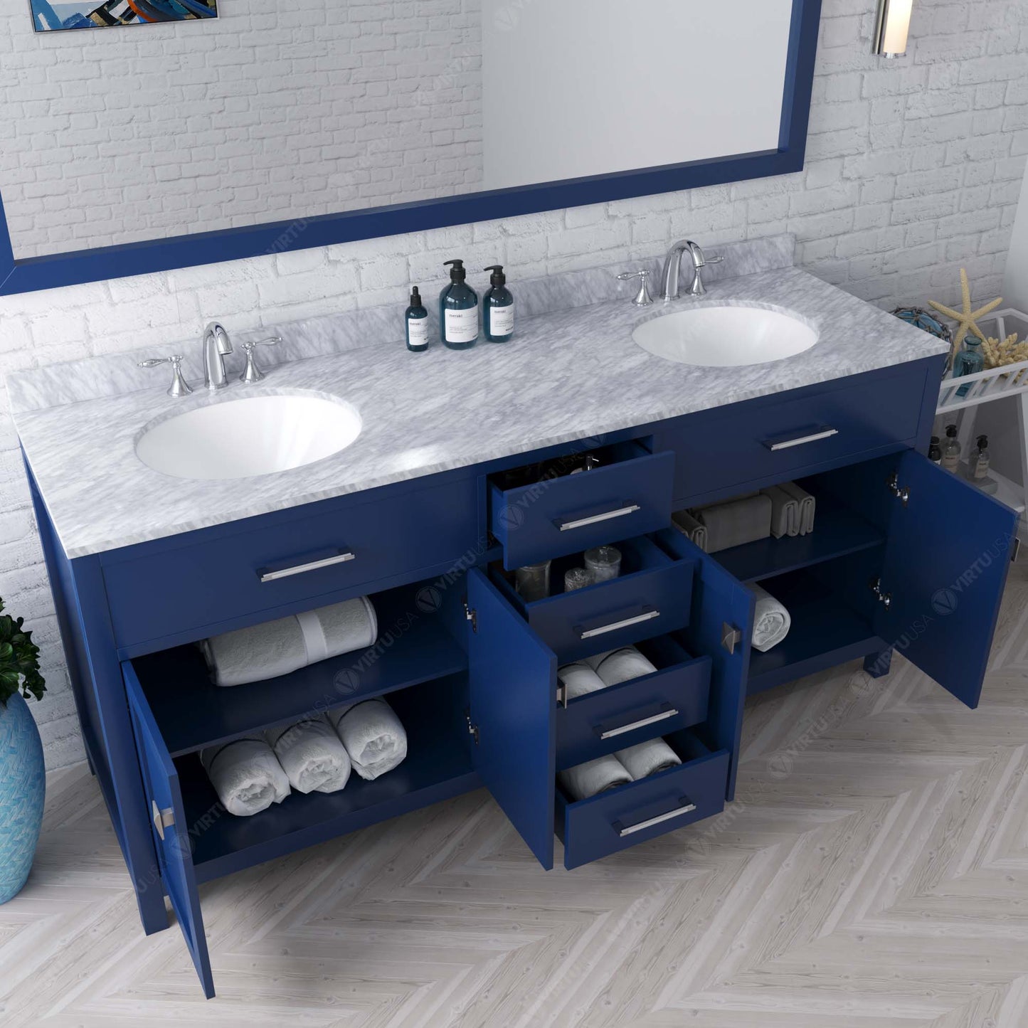 Virtu USA Caroline 72" Double Bath Vanity with White Marble Top and Round Sinks with Matching Mirror - Luxe Bathroom Vanities