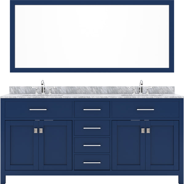 Virtu USA Caroline 72" Double Bath Vanity with White Marble Top and Round Sinks with Polished Chrome Faucets with Matching Mirror - Luxe Bathroom Vanities