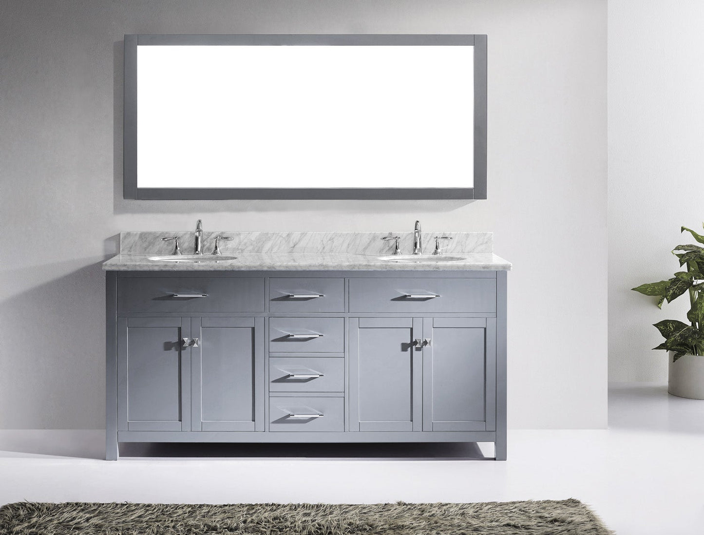 Virtu USA Caroline 72" Double Bath Vanity with Marble Top and Round Sink with Brushed Nickel Faucet and Mirror - Luxe Bathroom Vanities