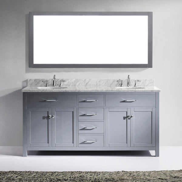 Virtu USA Caroline 72" Double Bath Vanity with Marble Top and Round Sink with Polished Chrome Faucet and Mirror - Luxe Bathroom Vanities