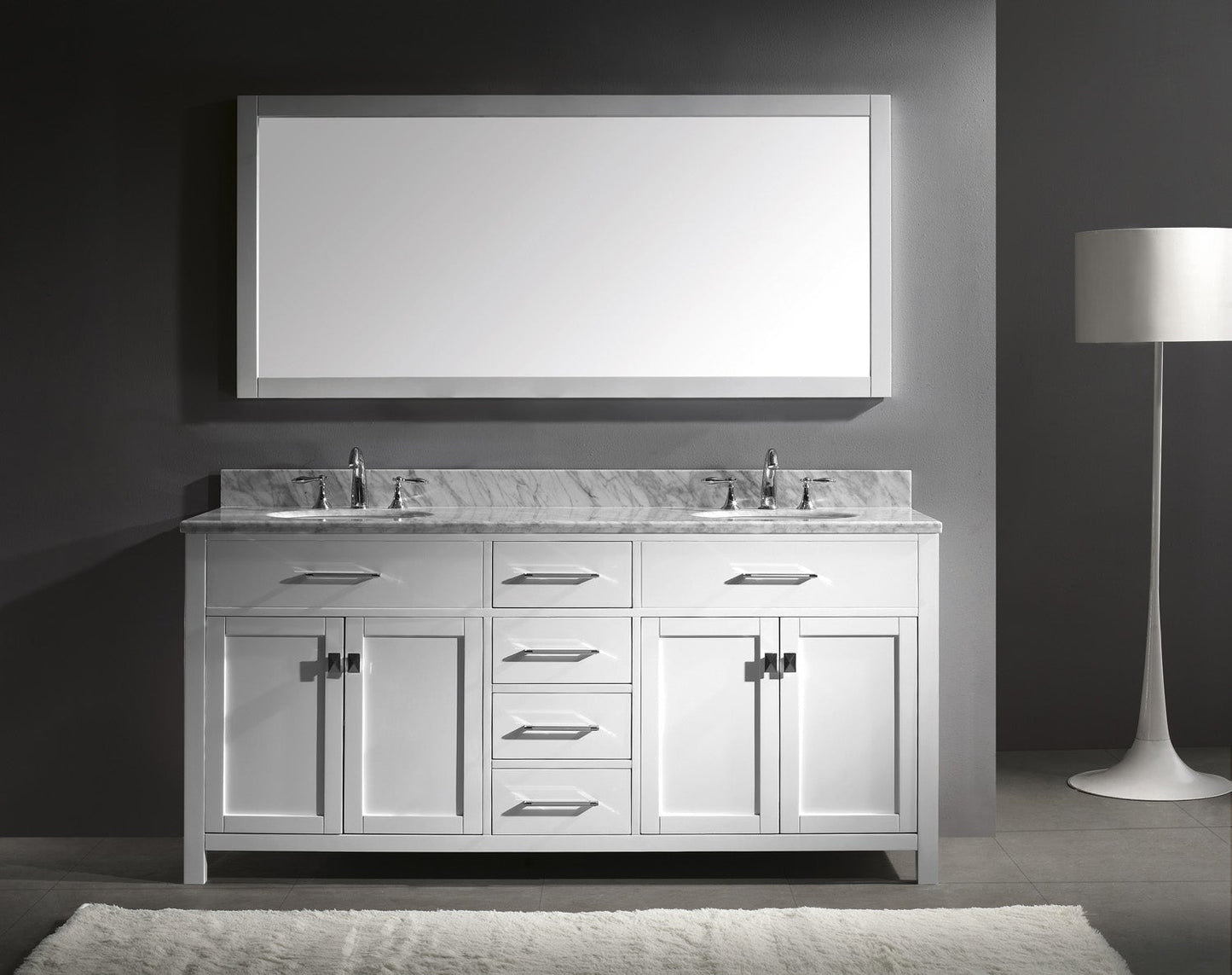 Virtu USA Caroline 72" Double Bath Vanity with Marble Top and Round Sink with Brushed Nickel Faucet and Mirror - Luxe Bathroom Vanities