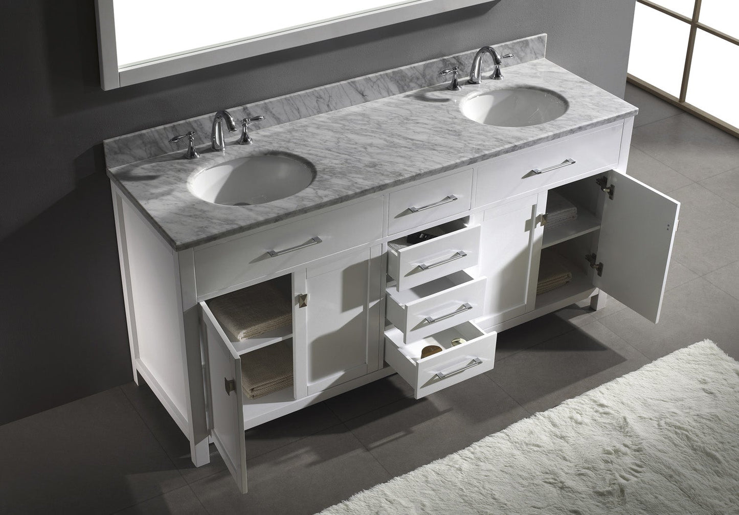 Virtu USA Caroline 72" Double Bath Vanity with Marble Top and Round Sink with Mirror - Luxe Bathroom Vanities