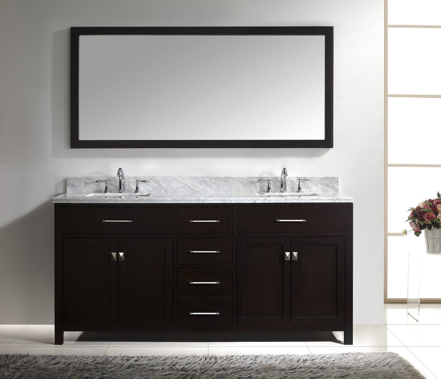 Virtu USA Caroline 72" Double Bath Vanity with Marble Top and Square Sink with Polished Chrome Faucet and Mirror - Luxe Bathroom Vanities