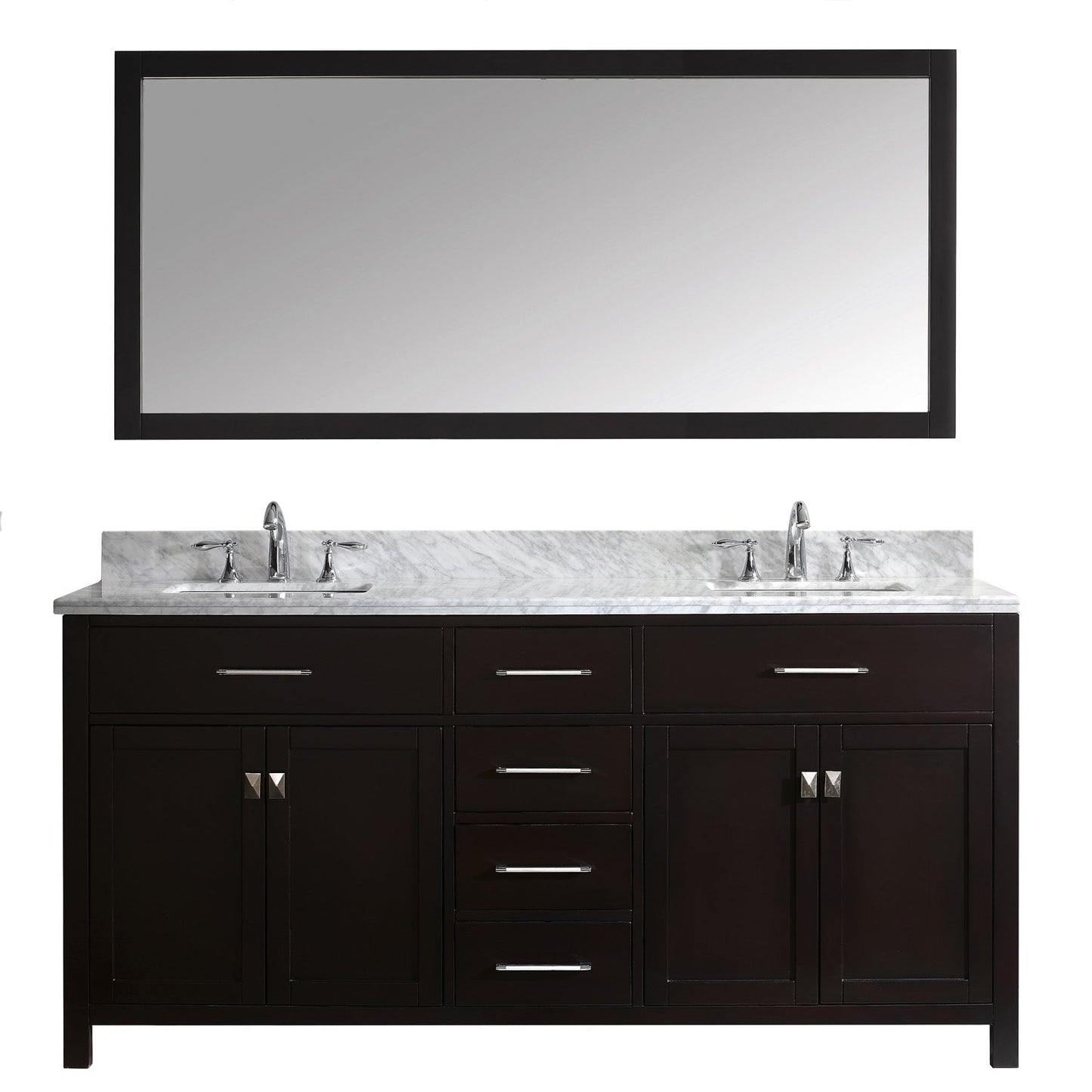 Virtu USA Caroline 72" Double Bath Vanity with Marble Top and Square Sink with Polished Chrome Faucet and Mirror - Luxe Bathroom Vanities