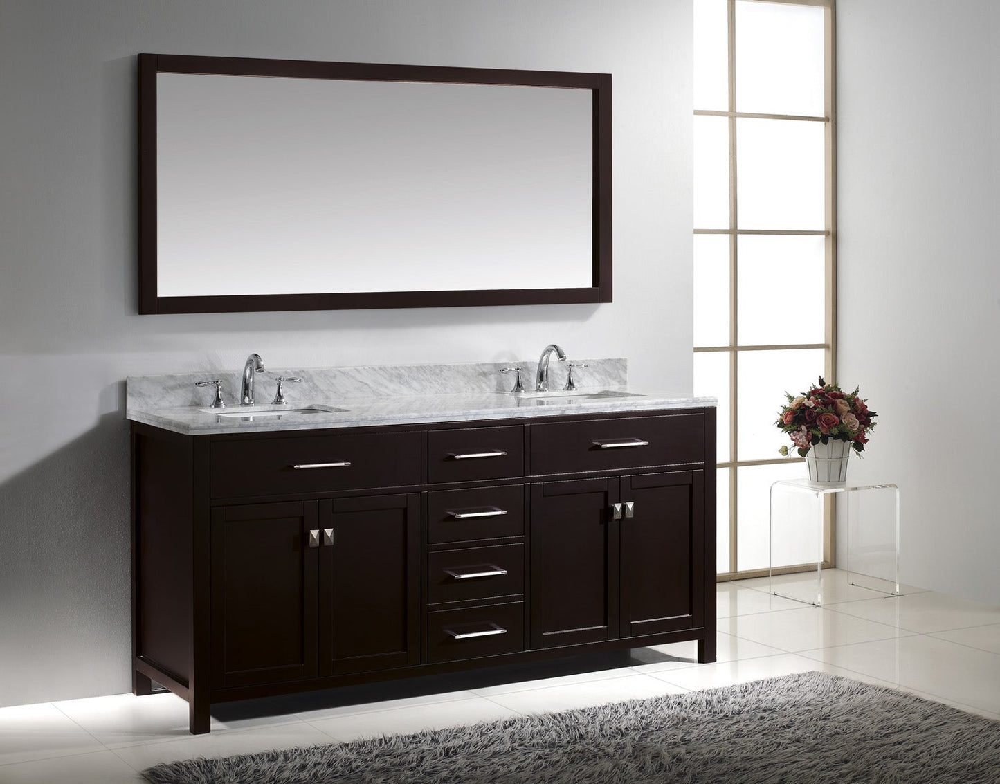 Virtu USA Caroline 72" Double Bath Vanity with Marble Top and Square Sink with Mirror - Luxe Bathroom Vanities