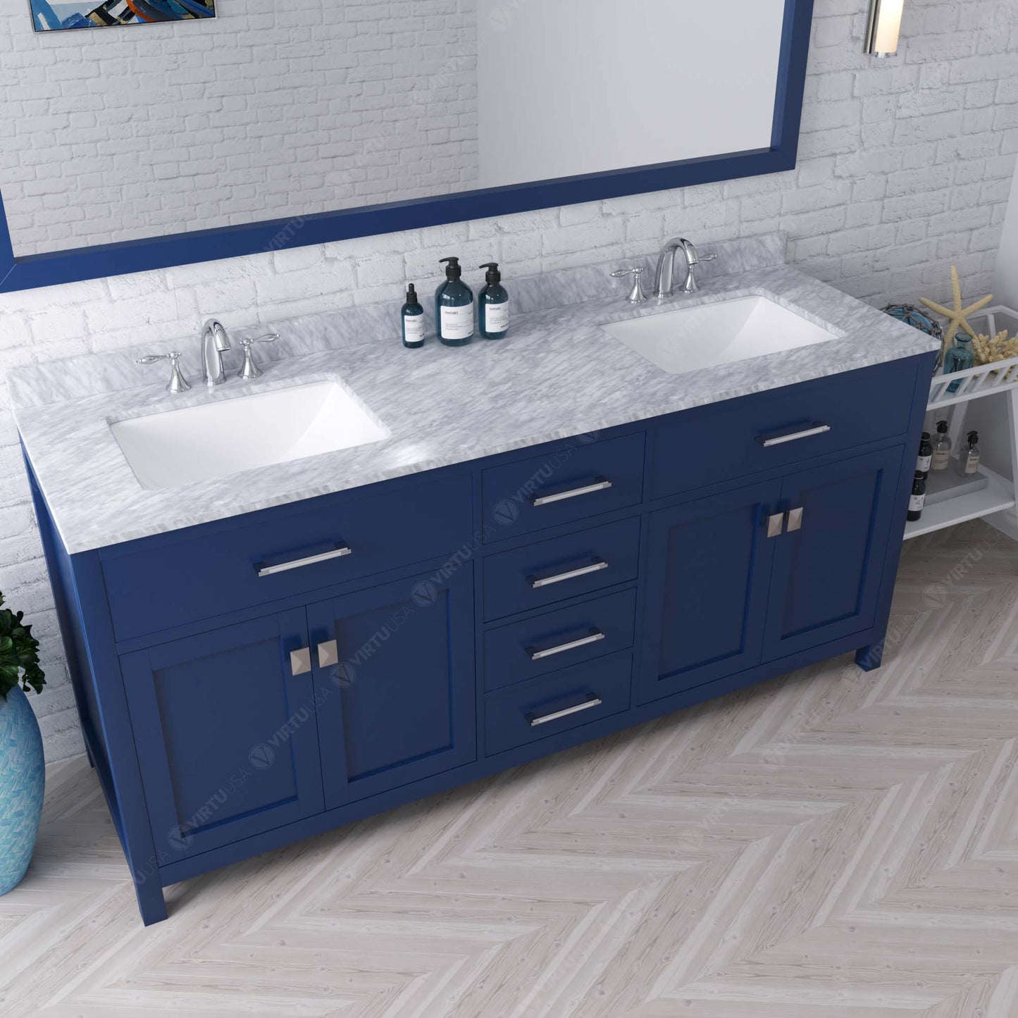 Virtu USA Caroline 72" Double Bath Vanity with White Marble Top and Square Sinks with Matching Mirror - Luxe Bathroom Vanities