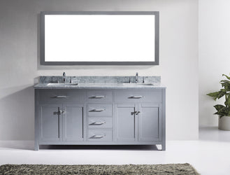 Virtu USA Caroline 72" Double Bath Vanity in Grey with Marble Top and Square Sink with Polished Chrome Faucet and Mirror - Luxe Bathroom Vanities Luxury Bathroom Fixtures Bathroom Furniture