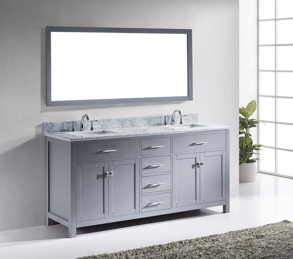 Virtu USA Caroline 72" Double Bath Vanity in Grey with Marble Top and Square Sink with Polished Chrome Faucet and Mirror - Luxe Bathroom Vanities Luxury Bathroom Fixtures Bathroom Furniture