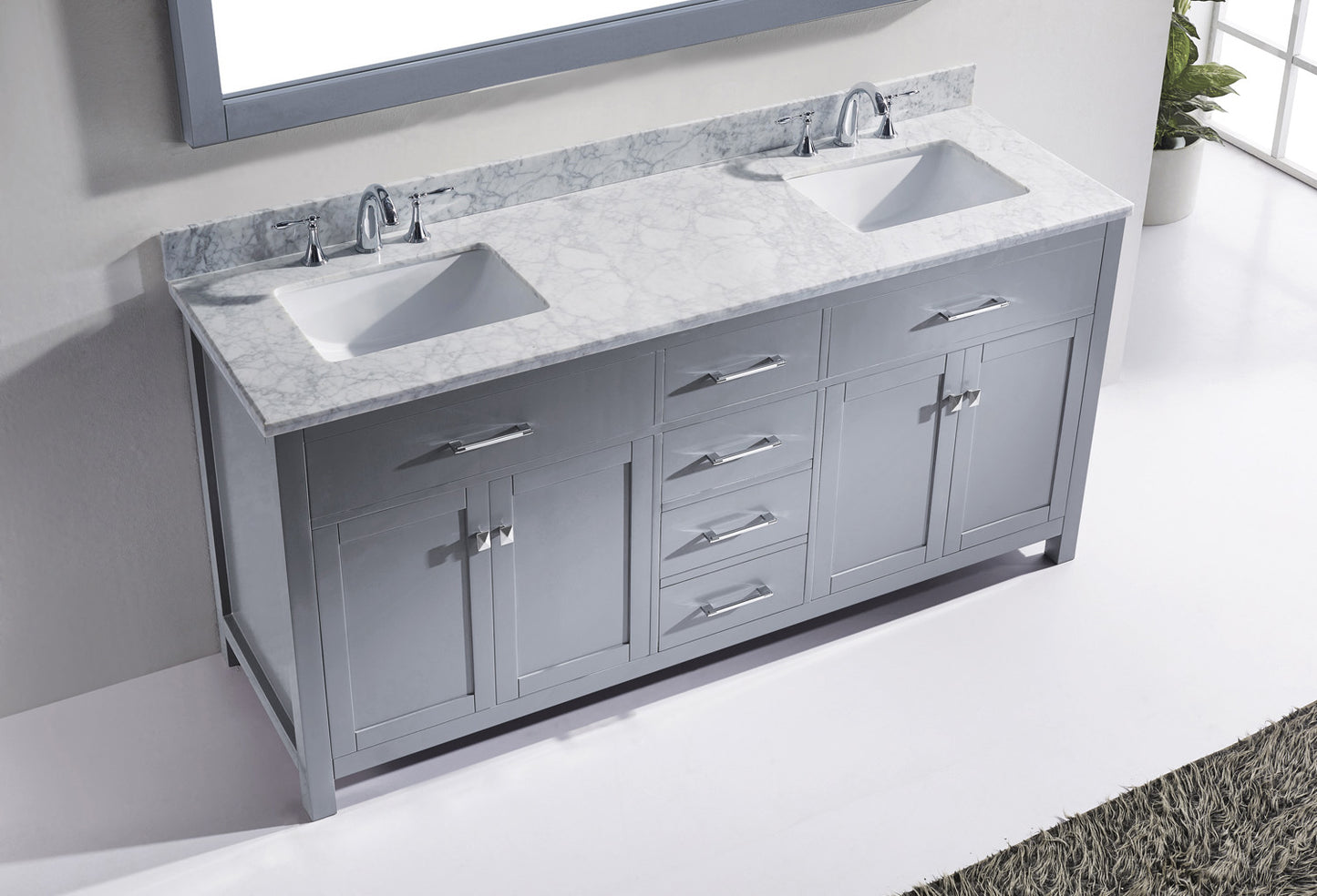 Virtu USA Caroline 72" Double Bath Vanity in Grey with Marble Top and Square Sink with Polished Chrome Faucet and Mirror - Luxe Bathroom Vanities Luxury Bathroom Fixtures Bathroom Furniture