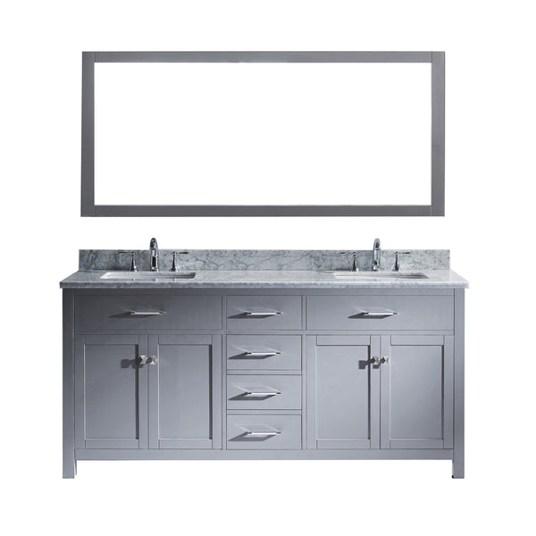 Virtu USA Caroline 72" Double Bath Vanity in Grey with Marble Top and Square Sink with Polished Chrome Faucet and Mirror - Luxe Bathroom Vanities Luxury Bathroom Fixtures Bathroom Furniture